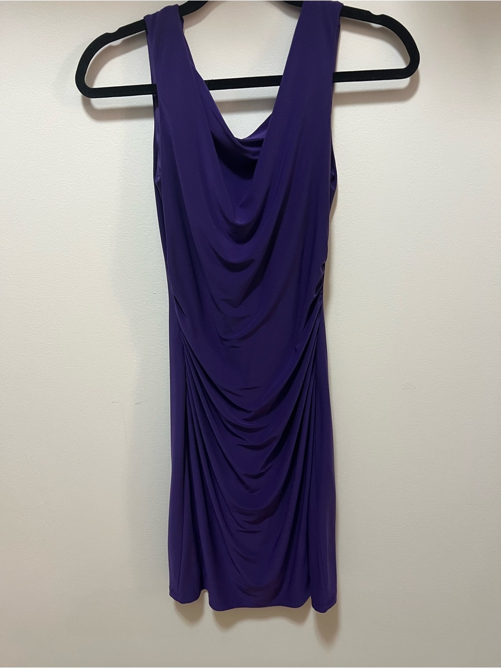 Joseph Ribkoff Purple Draped Cowl Neck Side Ruched Cocktail Dress